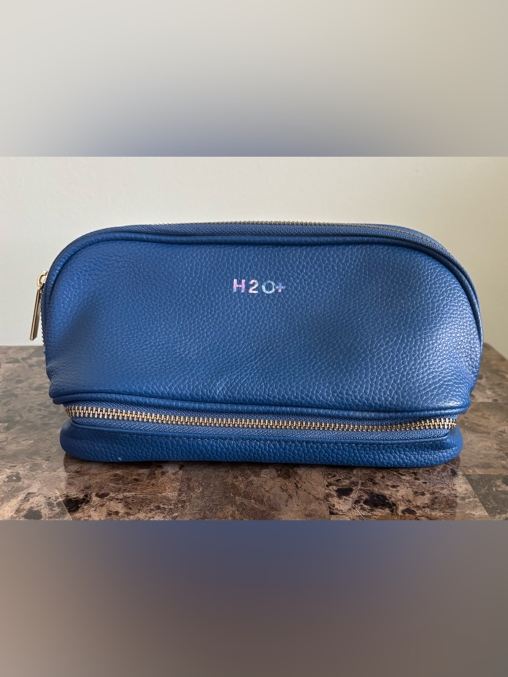 H2O+ Blue Pebbled Cosmetic Bag Travel Makeup Case Double Zip Toiletry Pouch